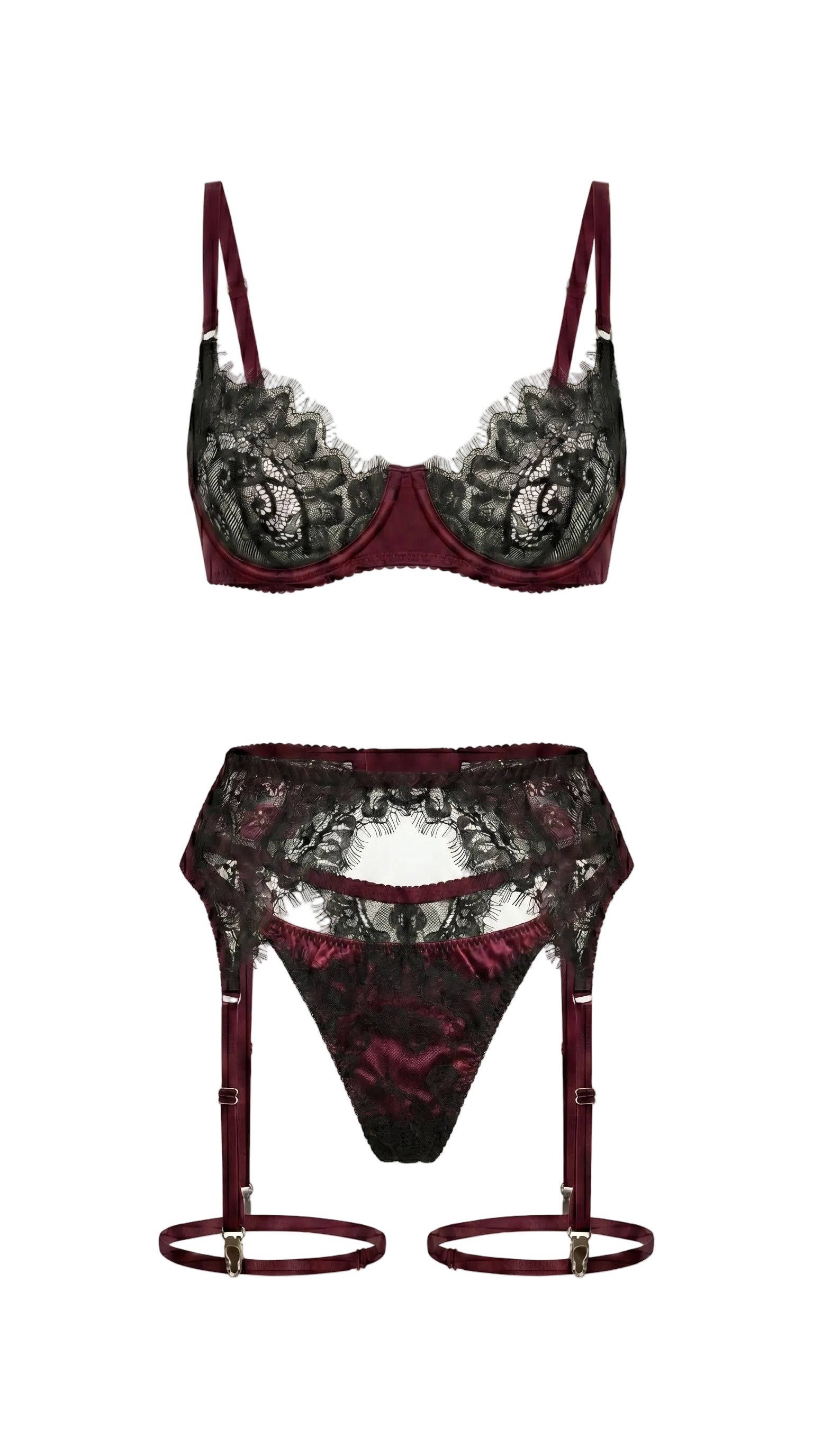 Detailed view of artisanal bordeaux lace and translucent mesh on the Bella set.