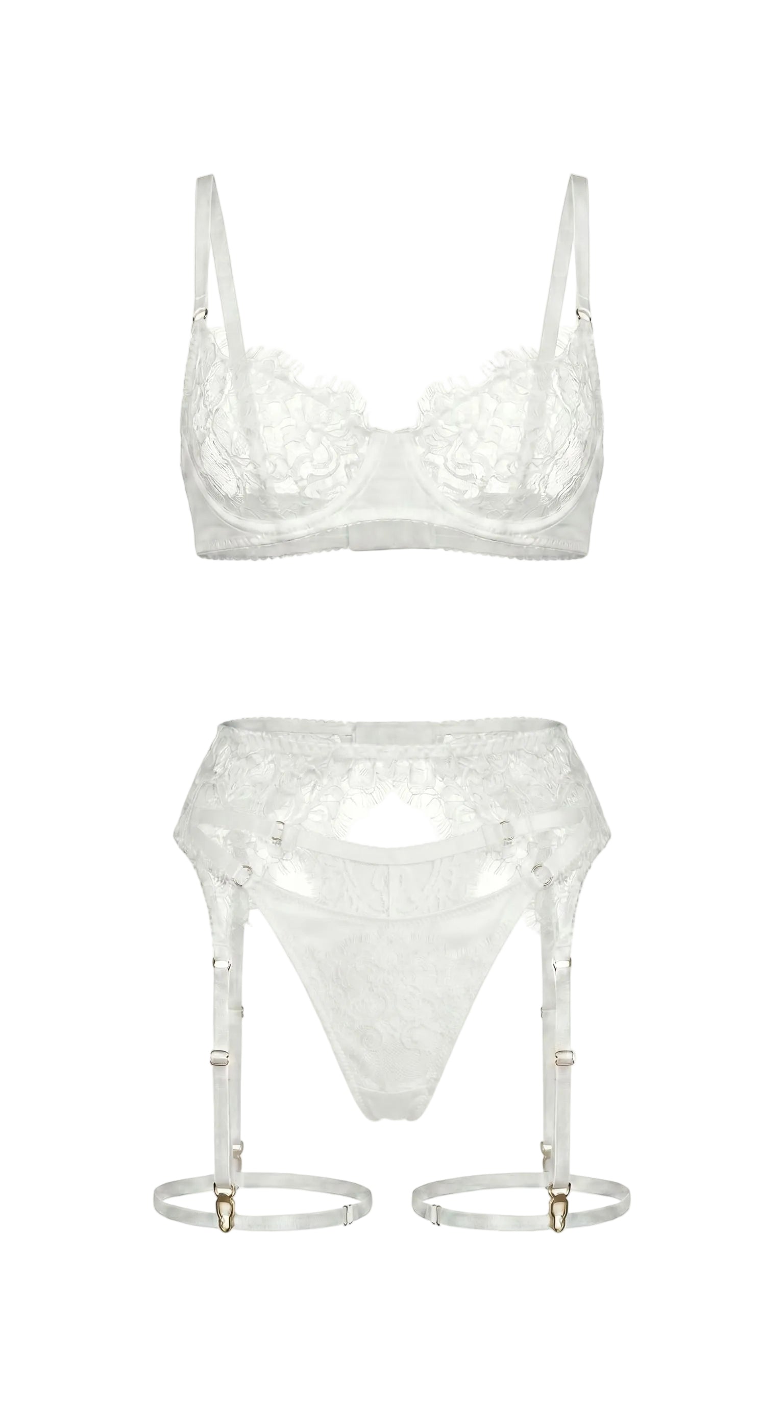 Detailed view of artisanal white embroidery and translucent mesh on the Bella bridal set.