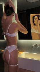 Pristine Bella white bridal lingerie set featuring architectural lace and ivory mesh.