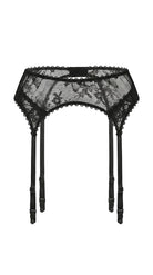 High-waisted Black Flowers garter belt with sculptural lace and adjustable gold-toned straps.
