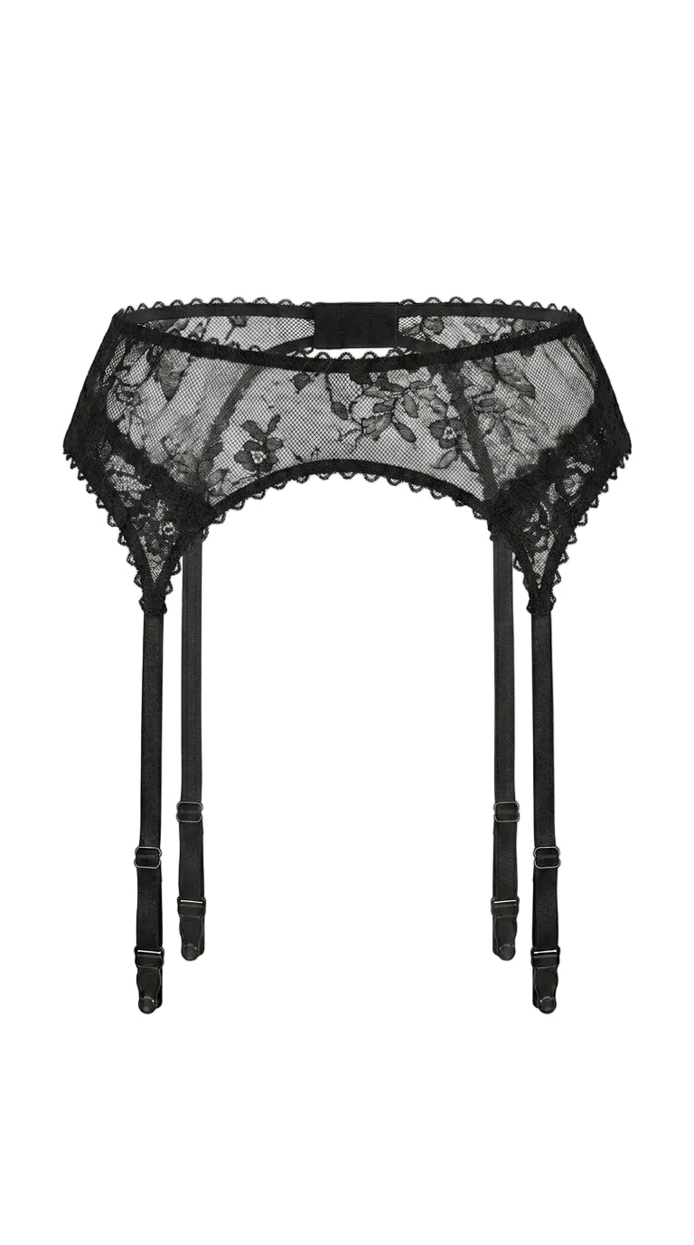 High-waisted Black Flowers garter belt with sculptural lace and adjustable gold-toned straps.