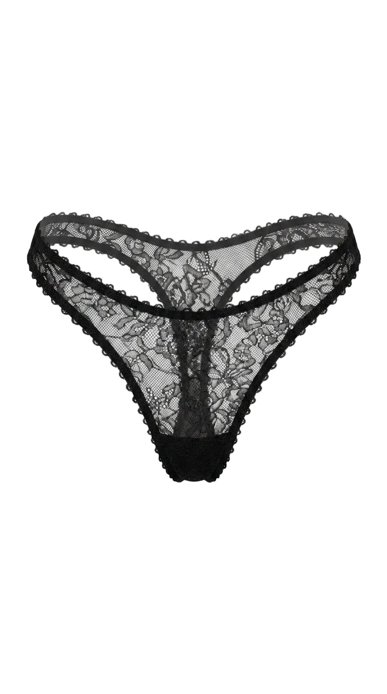 Black Flowers bespoke lace panties featuring shadowy floral embroidery and sheer onyx mesh.