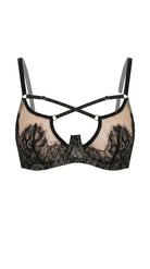 Black Swan noir lace bra featuring architectural mesh panels and custom precision tailoring.