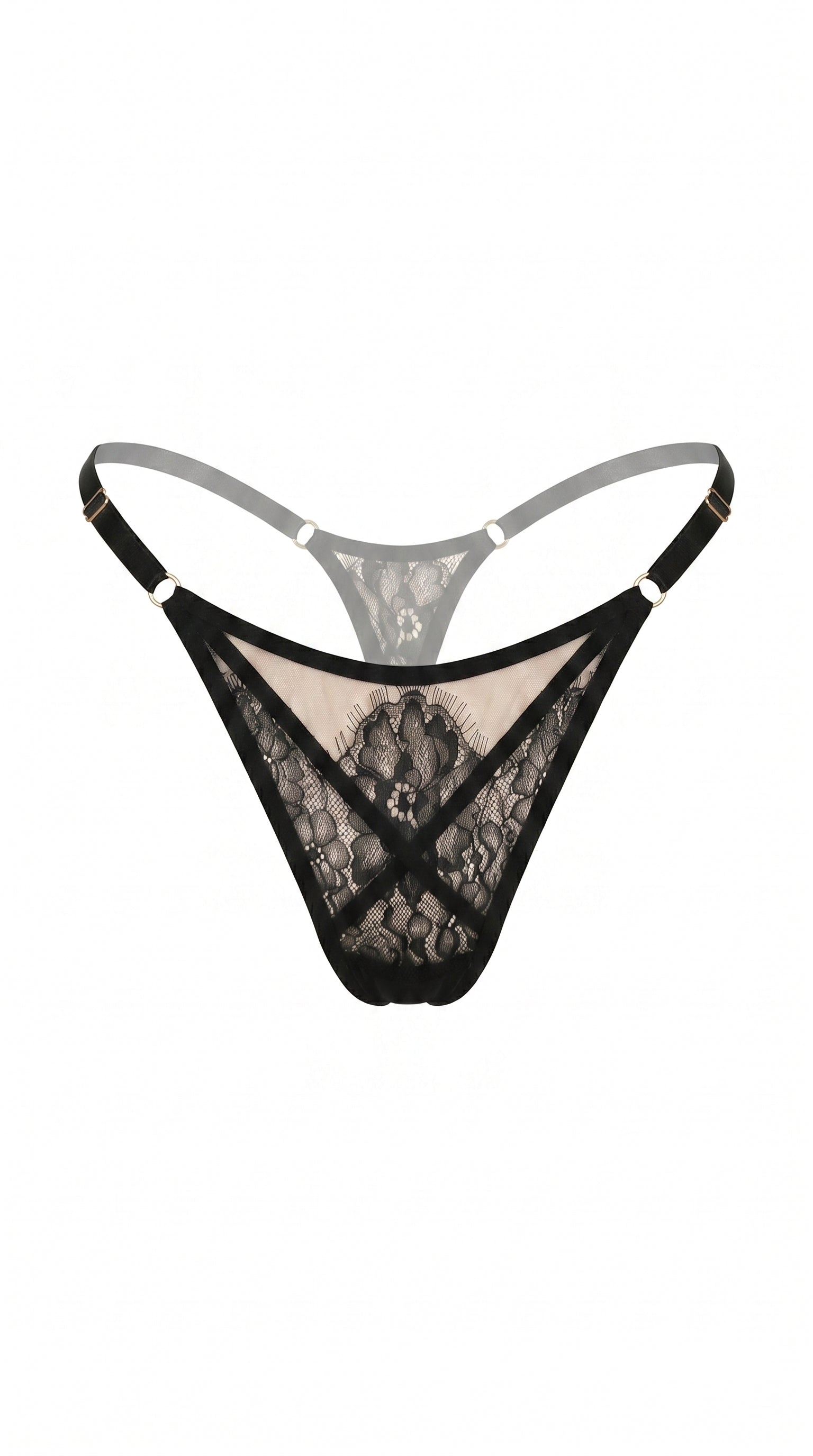 Detailed view of handcrafted noir embroidery and sheer mesh on the Black Swan set.