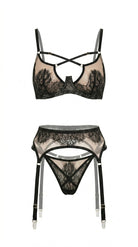 Dramatic Black Swan noir lace lingerie set with architectural mesh detailing.