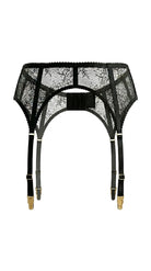 High-waisted Carolina black garter belt with intricate lace detailing and gold-toned hardware.