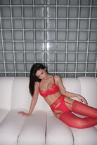 Front view of the Carolina red lace bra and garter belt set, featuring scalloped lace trim and adjustable straps.