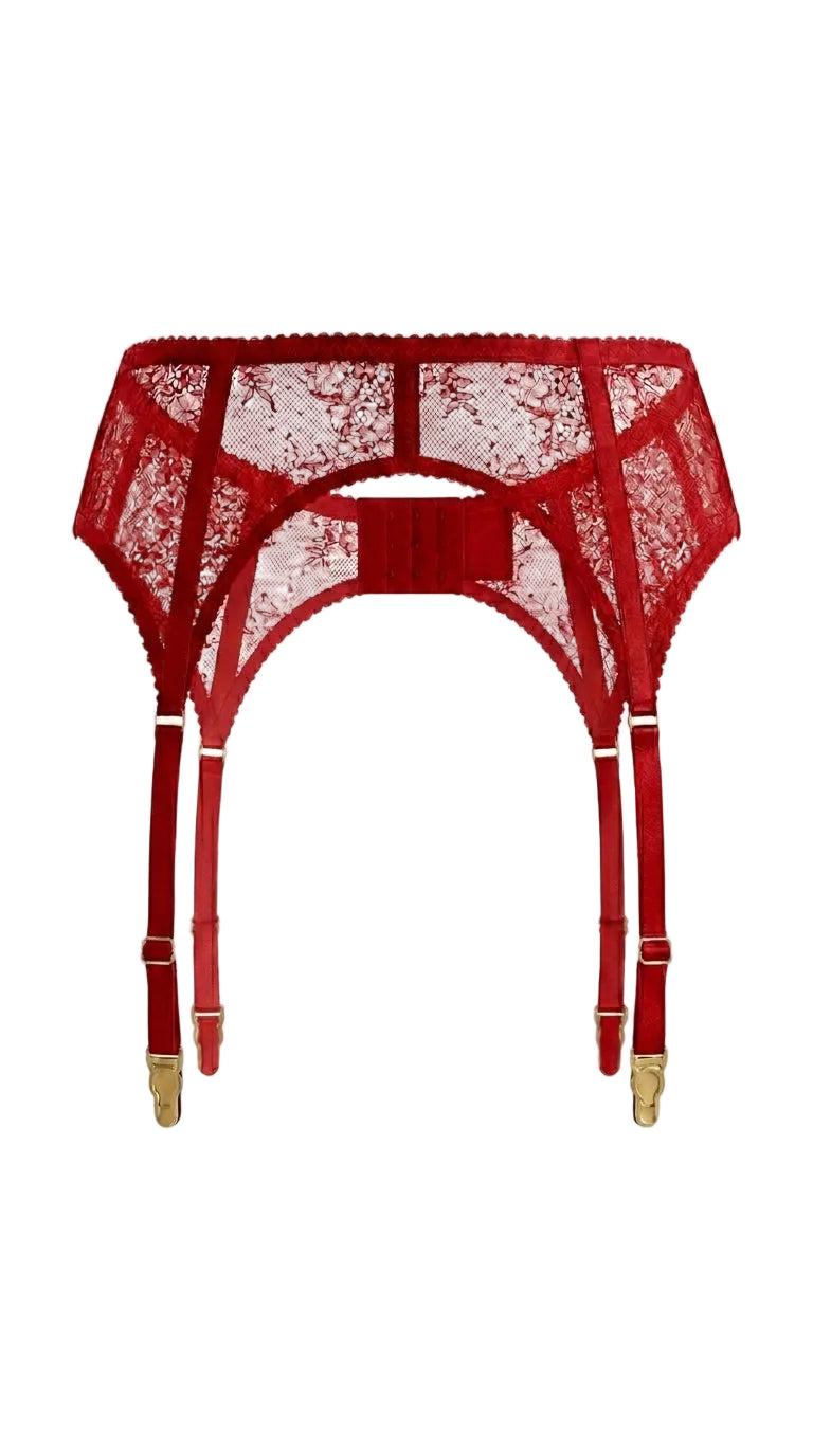 High-waisted Carolina red garter belt with intricate lace detailing and gold-toned hardware.