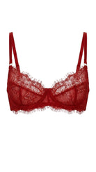 Carolina red lace bra with architectural mesh panels and custom tailoring for a flawless fit.