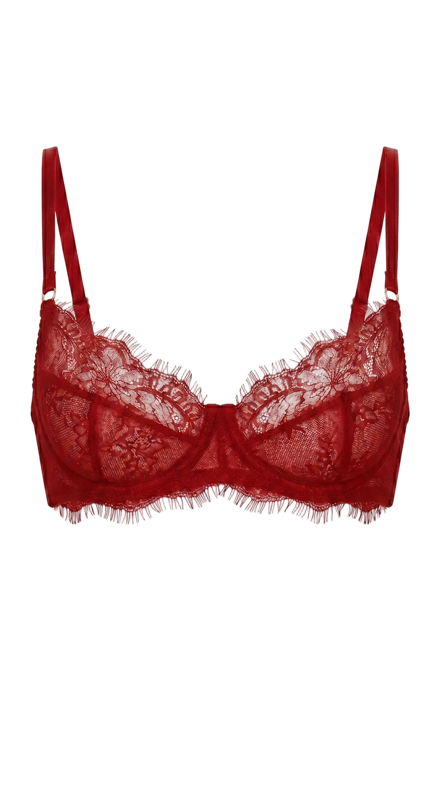 Carolina red lace bra with architectural mesh panels and custom tailoring for a flawless fit.