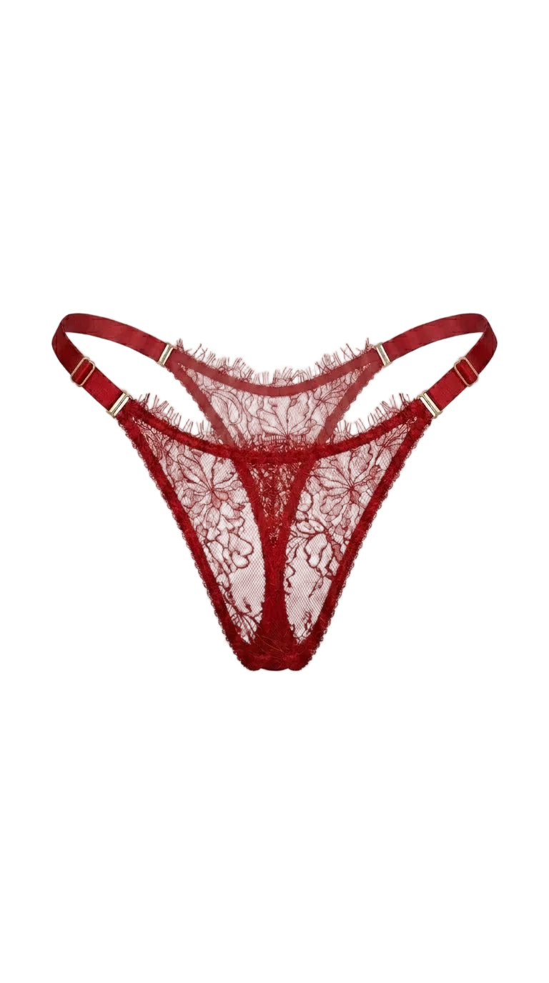Carolina red artisanal lace and mesh panties featuring a high-cut silhouette and precision tailoring.