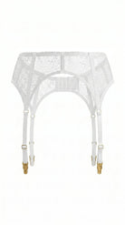 High-waisted Carolina white garter belt with intricate ivory lace detailing and gold-toned hardware.