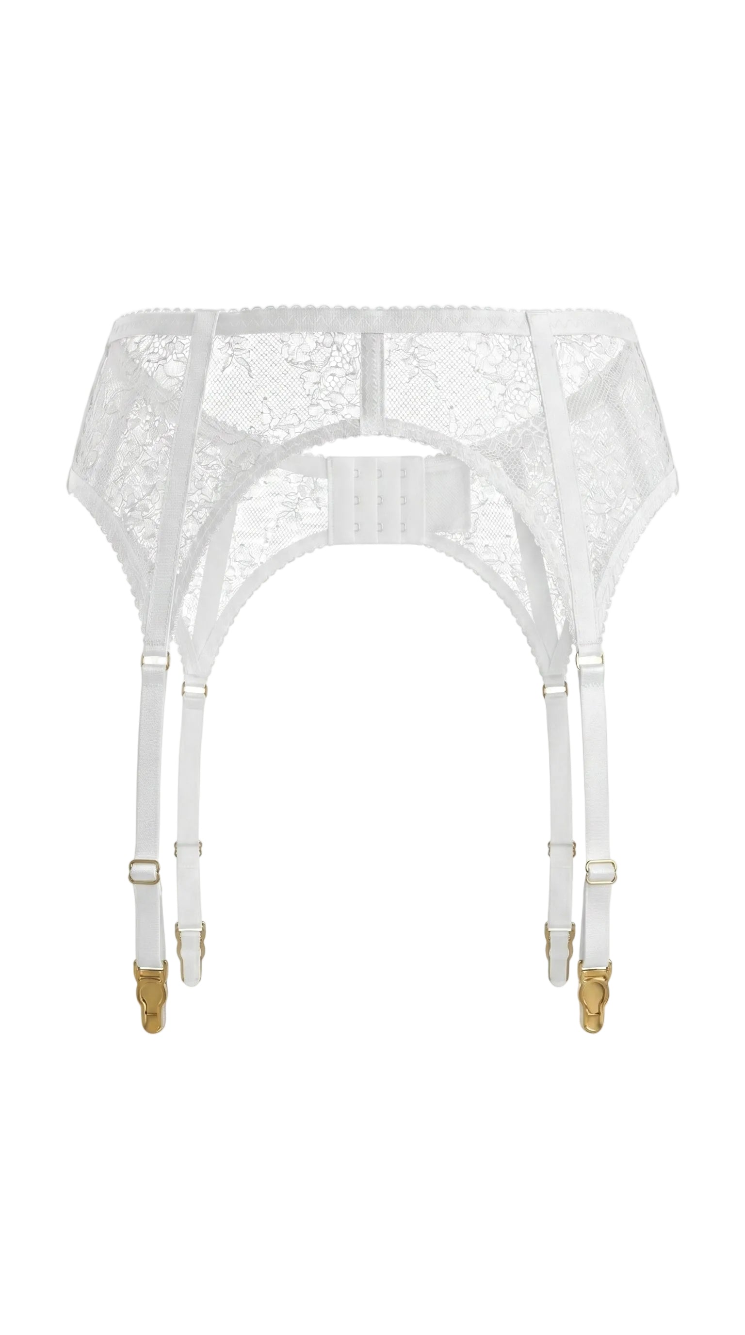High-waisted Carolina white garter belt with intricate ivory lace detailing and gold-toned hardware.