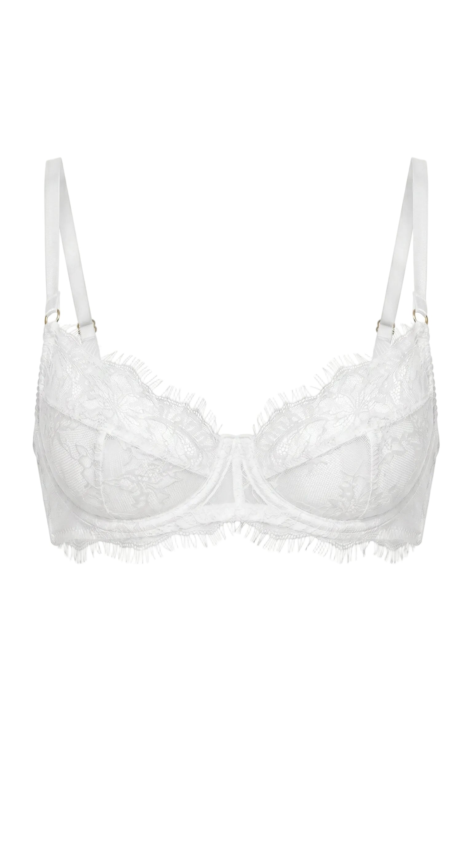 Carolina white lace bra with architectural mesh panels and custom tailoring for a flawless bridal fit.