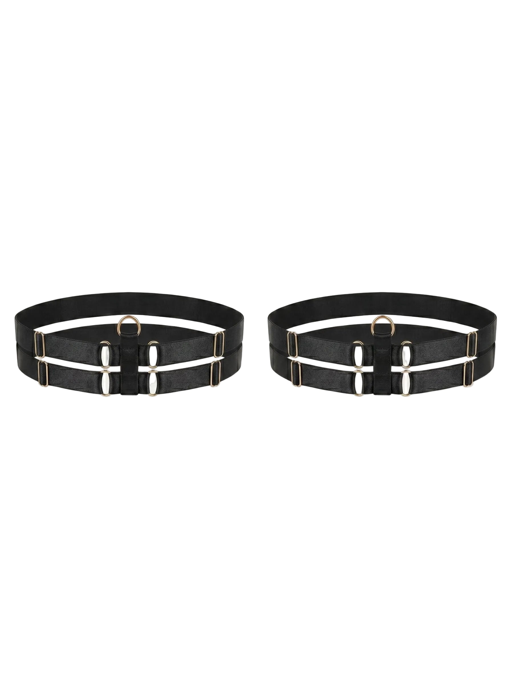Bespoke black double strap leg garter with gold-plated hardware.