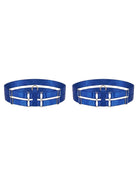Bespoke blue double strap leg garter with gold-plated hardware.
