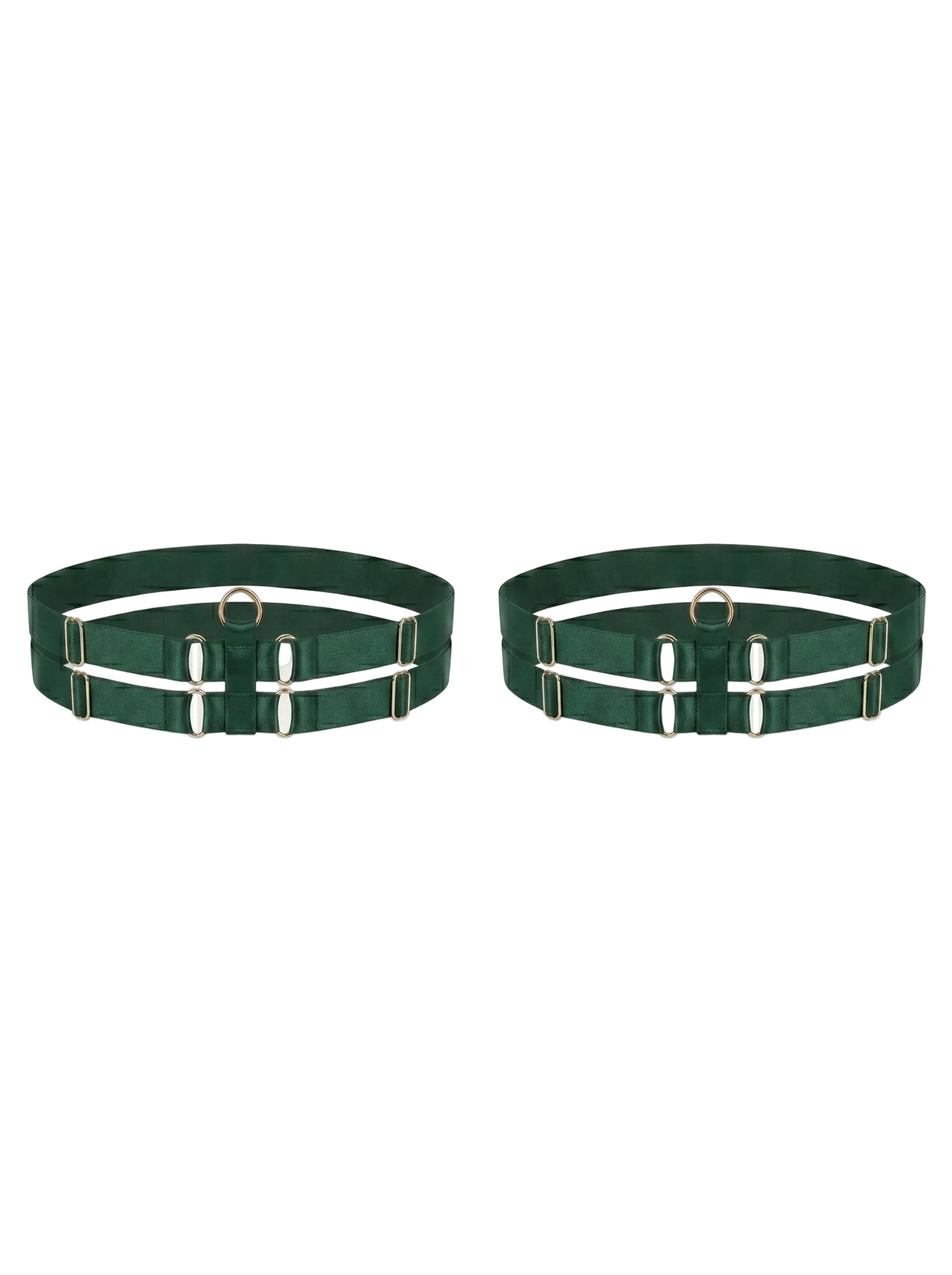 Bespoke green double strap leg garter with gold-plated hardware.