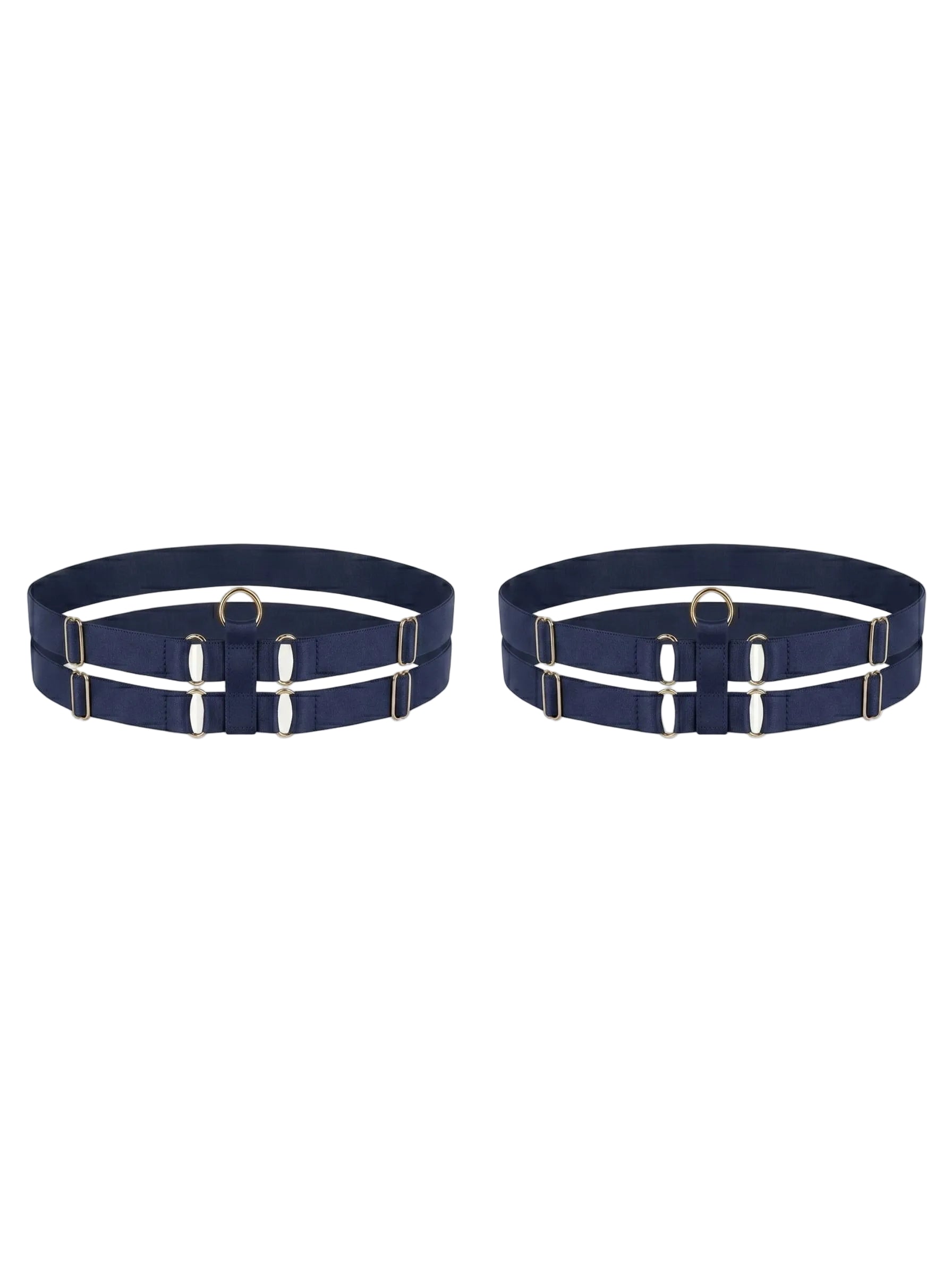 Bespoke navy double strap leg garter with gold-plated hardware.