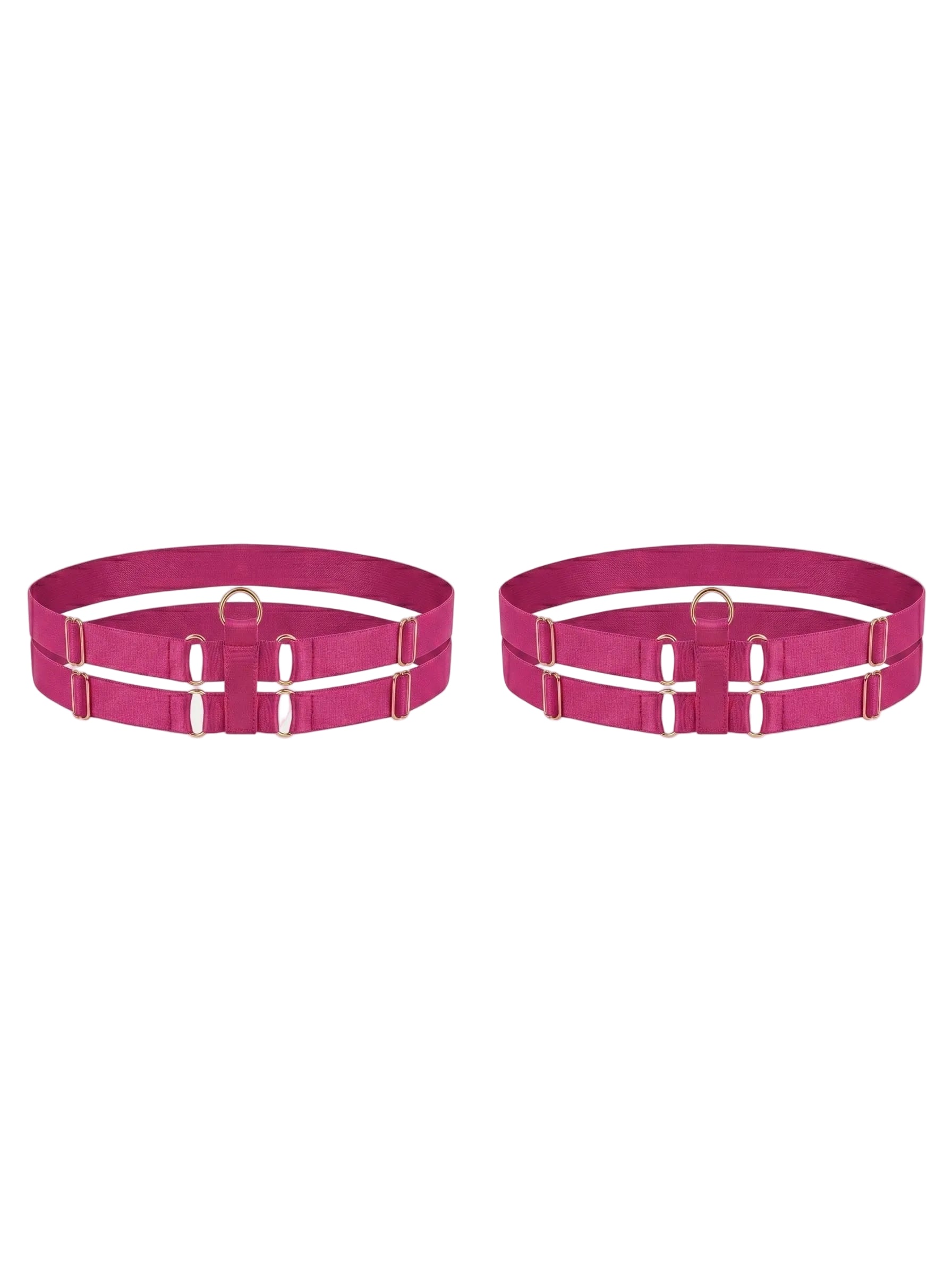 Bespoke pink double strap leg garter with gold-plated hardware.