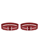 Bespoke red double strap leg garter with gold-plated hardware.