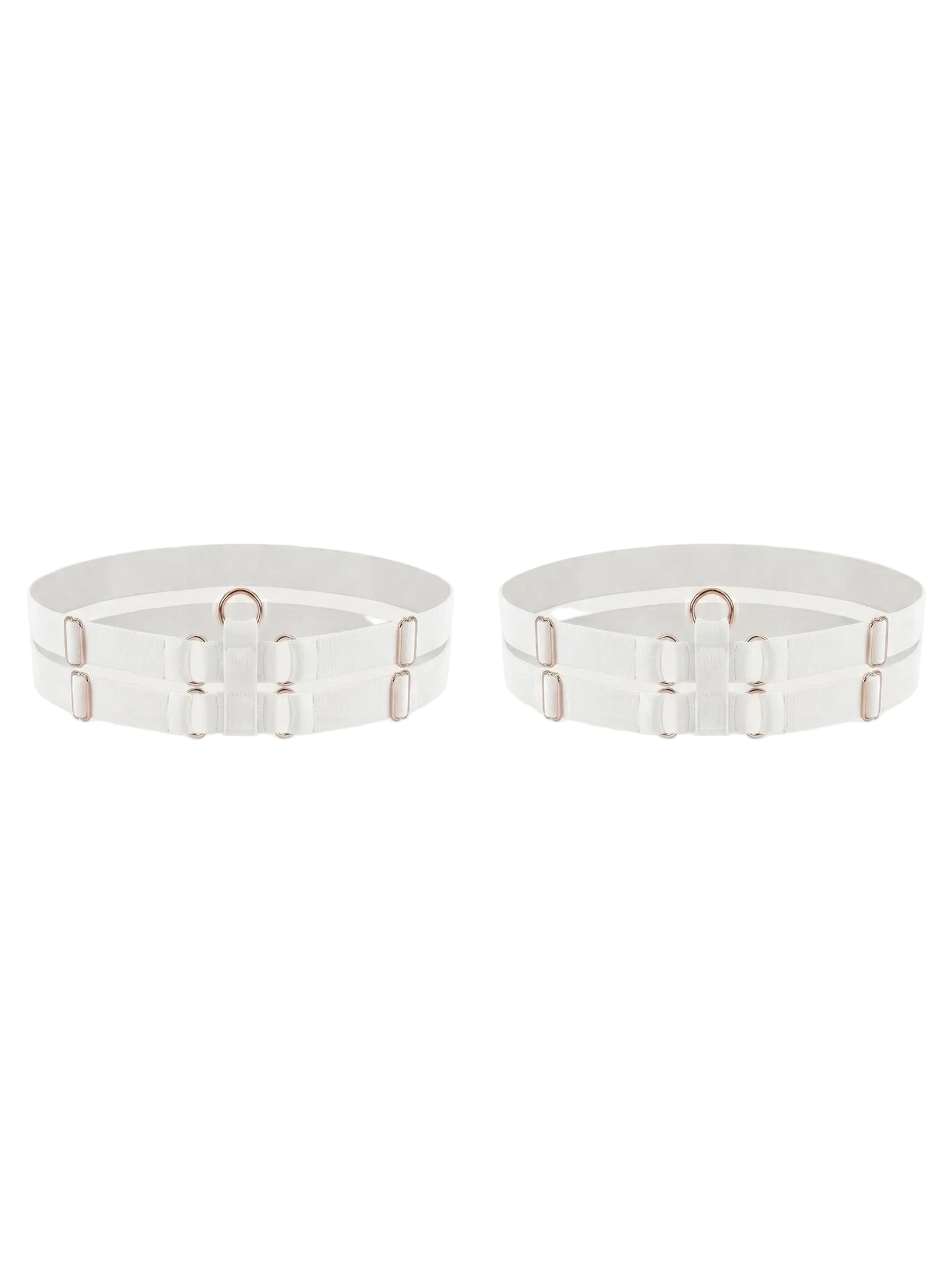 Bespoke white double strap leg garter with gold-plated hardware.