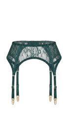 High-waisted Emerland green garter belt with sculptural lace and adjustable gold-toned straps.