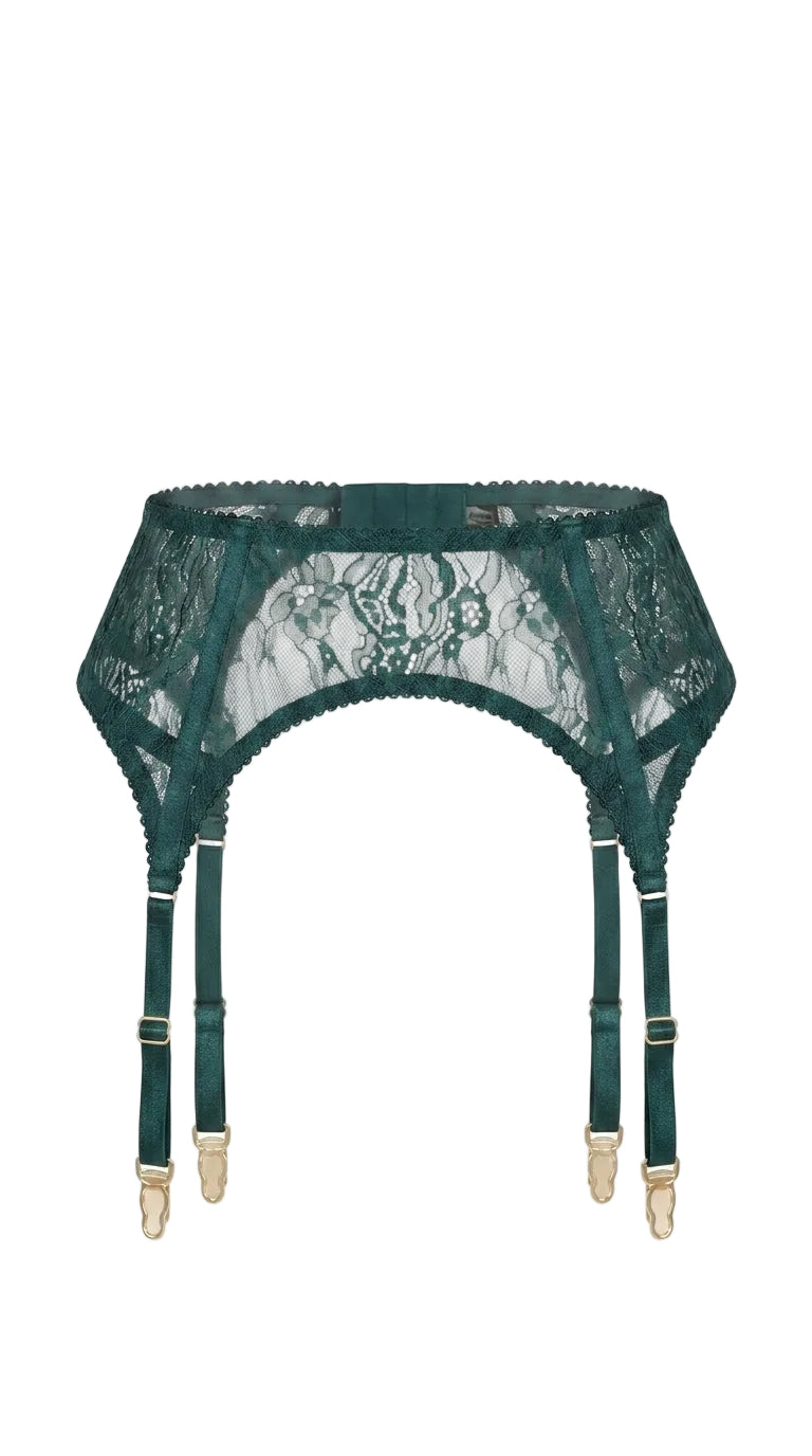 High-waisted Emerland green garter belt with sculptural lace and adjustable gold-toned straps.