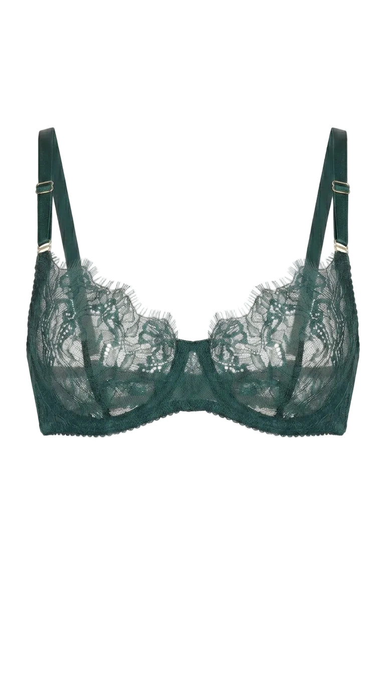 Emerland green floral lace bra featuring architectural mesh and custom tailoring for a perfect fit.