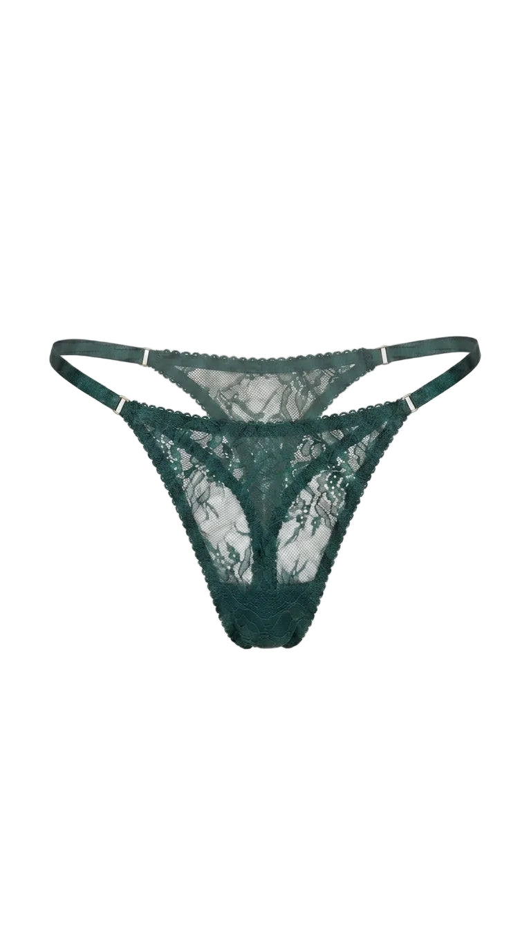 Emerland green bespoke lace panties featuring verdant floral embroidery and sheer mesh.