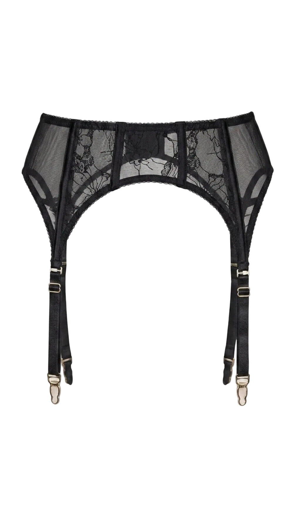 Product shot of the Emily black garter belt on a white background, showing the floral lace paneling and metal clip hardware.