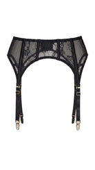 Product shot of the Emily black garter belt on a white background, showing the floral lace paneling and metal clip hardware.