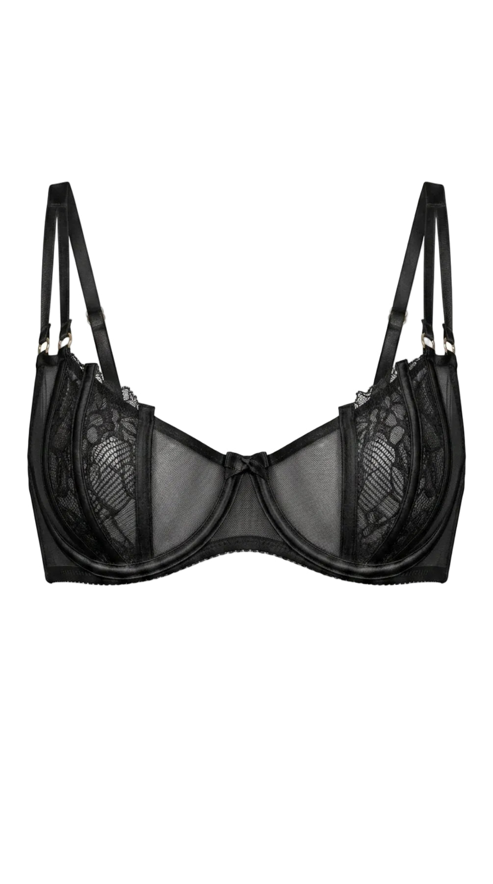 Product shot of the Emily black lace bra on a white background, featuring sheer floral lace cups and structural straps.