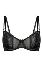 Product shot of the Emily black lace bra on a white background, featuring sheer floral lace cups and structural straps.