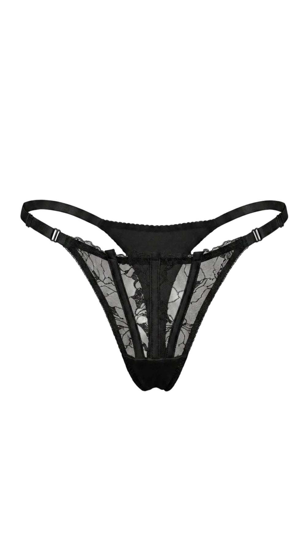 Product shot of the Emily black lace panties on a white background, highlighting the floral lace paneling and adjustable straps.