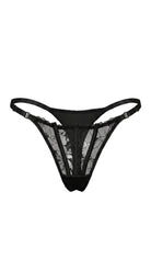 Product shot of the Emily black lace panties on a white background, highlighting the floral lace paneling and adjustable straps.