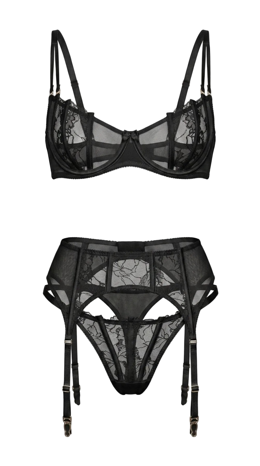 Product flat-lay of the Emily black lace bra and garter belt set on a white background, showing the floral lace pattern and structural straps.