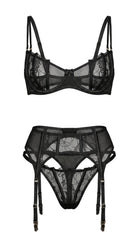 Product flat-lay of the Emily black lace bra and garter belt set on a white background, showing the floral lace pattern and structural straps.