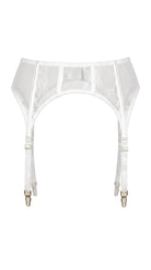 Product shot of the Emily white garter belt on a white background, showing the floral lace paneling and metal clip hardware.
