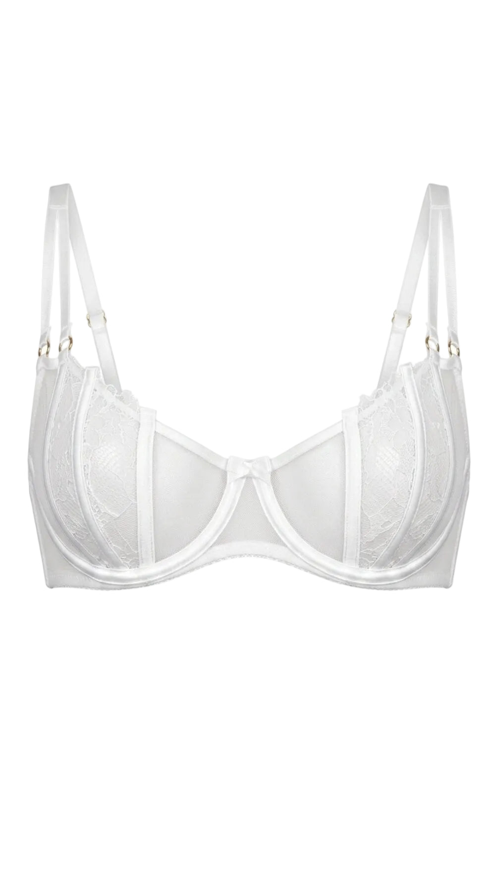 Product shot of the Emily white lace bra on a white background, featuring sheer floral lace cups and structural straps.