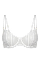 Product shot of the Emily white lace bra on a white background, featuring sheer floral lace cups and structural straps.