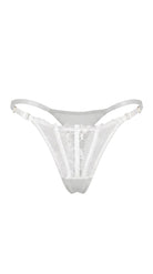Product shot of the Emily white lace panties on a white background, highlighting the floral lace paneling and adjustable straps.