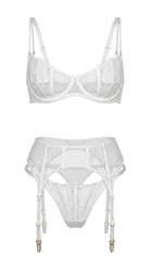 Product flat-lay of the Emily white lace bra and garter belt set on a white background, showing the floral lace pattern and structural straps.