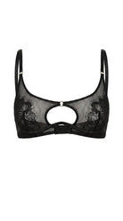 Close-up of the Erin Black underwire bra with floral lace embroidery and satin trim.