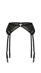 Front view of the Erin Black garter belt with floral lace ruffles and decorative bows.