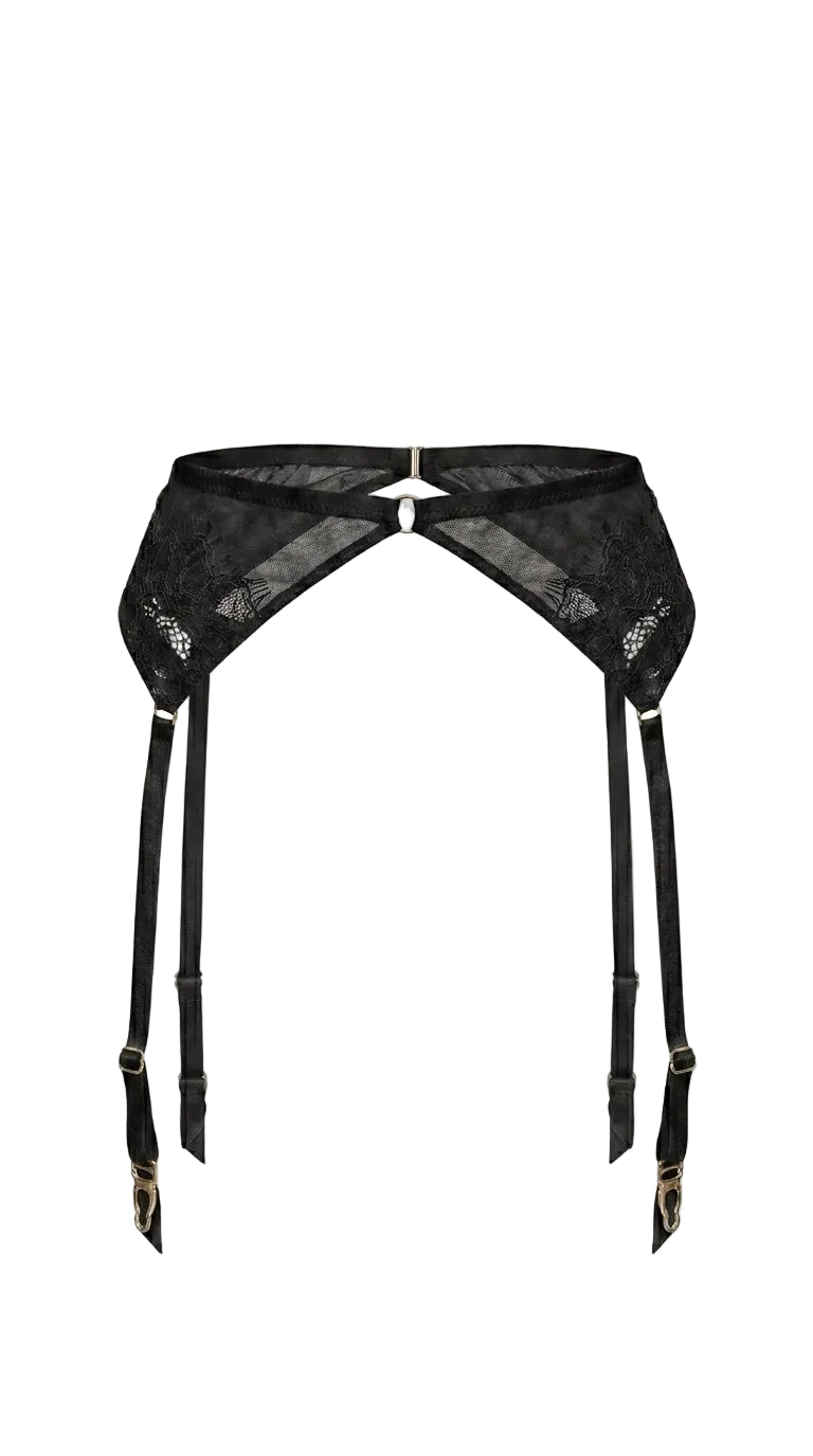 Front view of the Erin Black garter belt with floral lace ruffles and decorative bows.