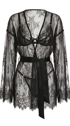 Handcrafted black lace Femme Totale set featuring a luxury robe, bra, and panties.