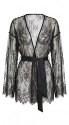 Ethereal black lace robe with wide sleeves from the bespoke Femme Totale nightwear series.