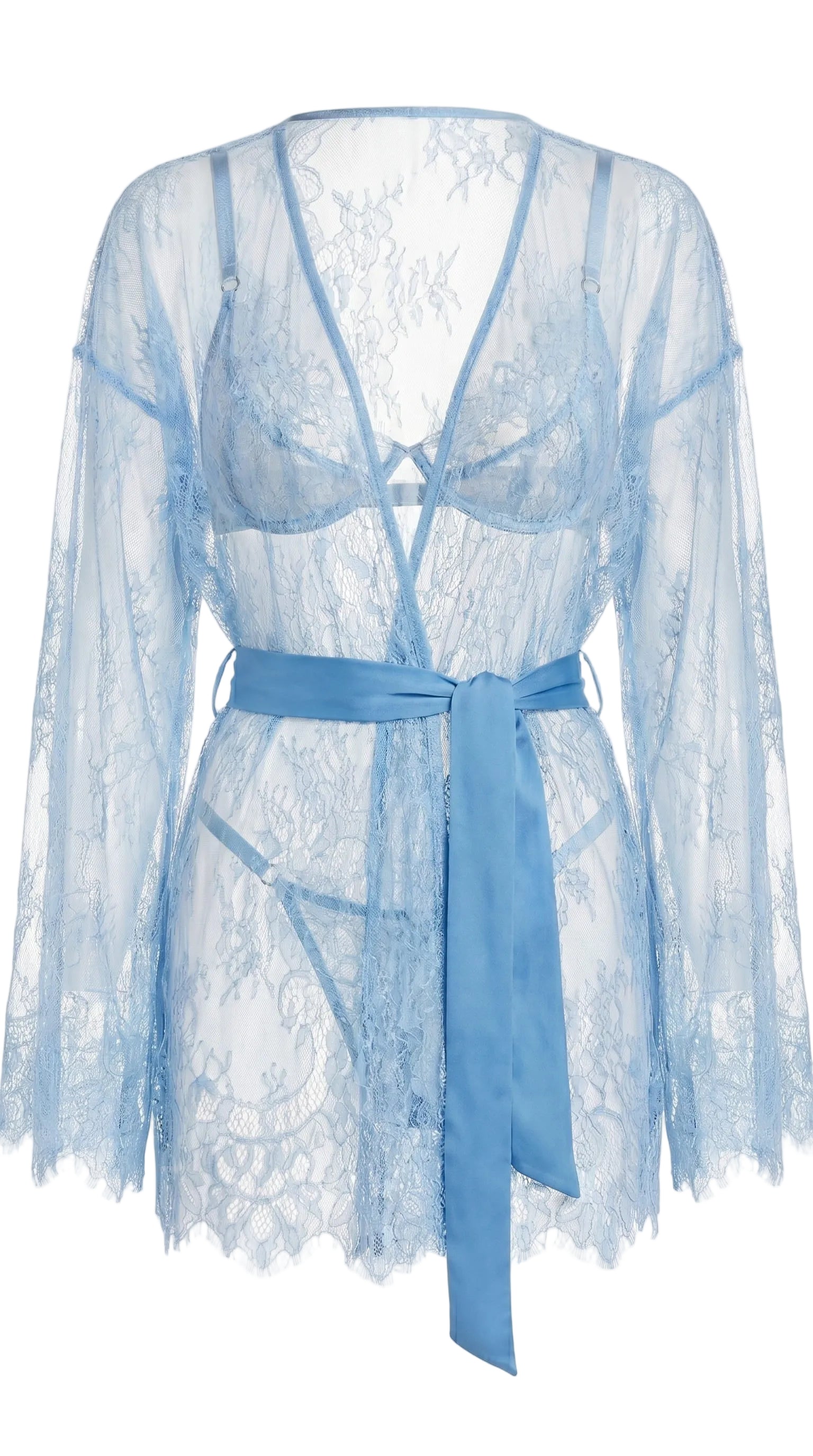 Handcrafted blue lace Femme Totale set featuring a luxury robe, bra, and panties.