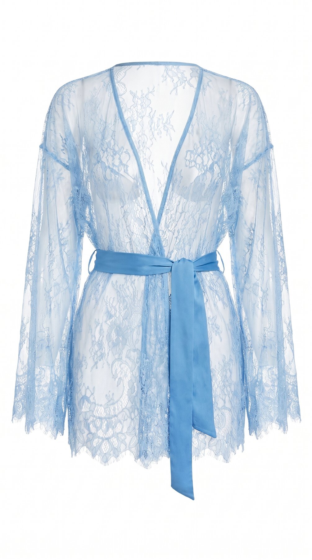Ethereal blue lace robe with wide sleeves from the bespoke Femme Totale nightwear series.