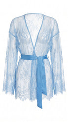 Ethereal blue lace robe with wide sleeves from the bespoke Femme Totale nightwear series.